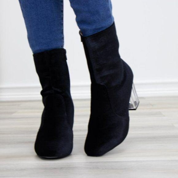 Black Velvet Above Ankle Clear Heel Bootie - Picture 2 of 11